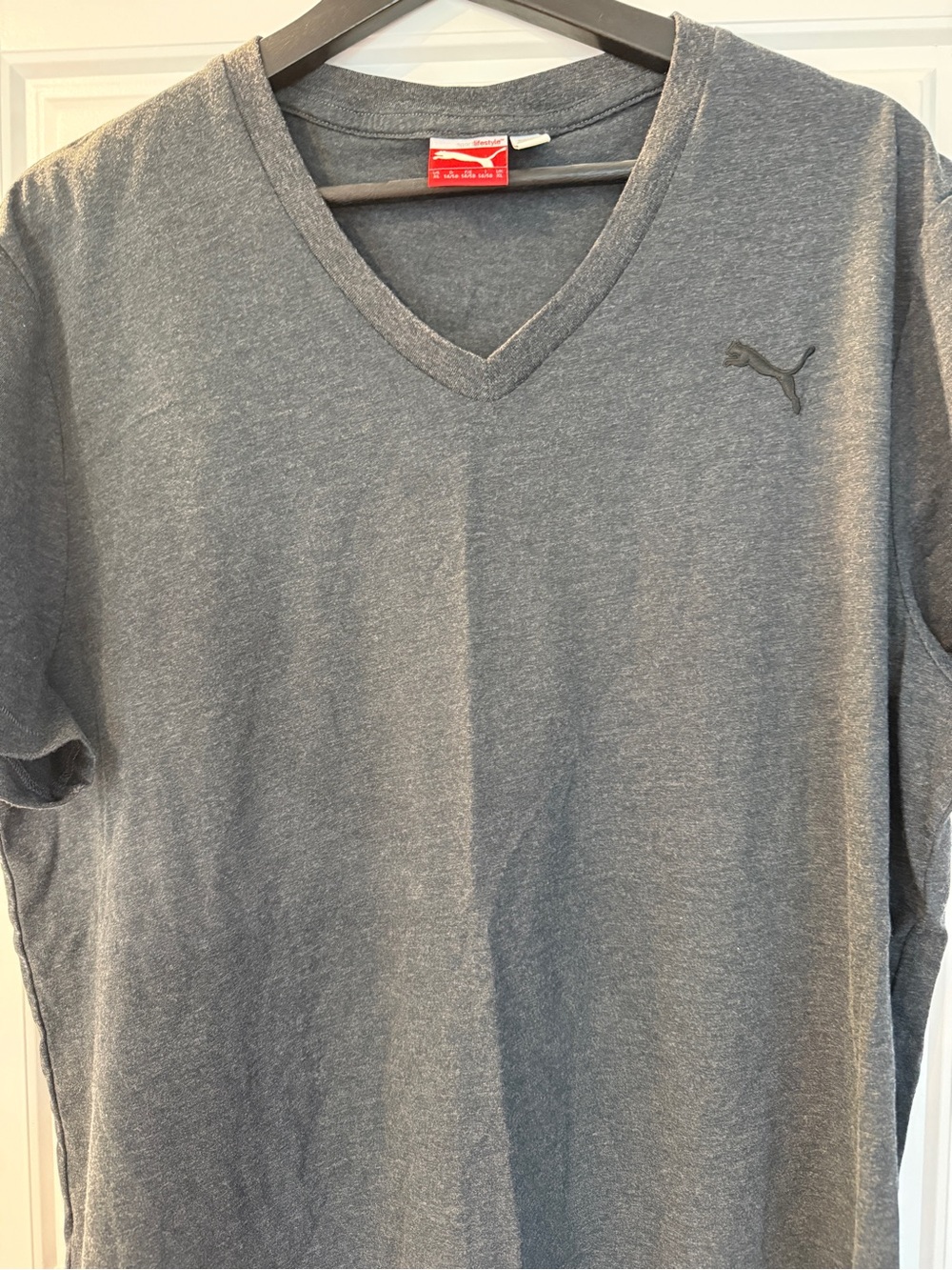 Puma Gray V-Neck Men's Tee with Charcoal Logo